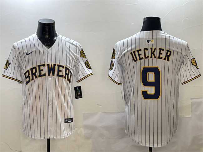 Mens Milwaukee Brewers #9 Bob Uecker White With Home Patch Limited Stitched Jersey